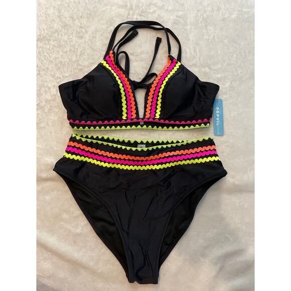 NWT POPVIL High Waisted Cut Cheeky Two Piece Swimsuit Medium Black Neon Shell - Picture 4 of 14